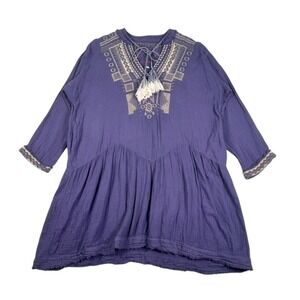 Johnny Was Navy Embroidered Boho Tunic Top – Size Large – Very Good Condition